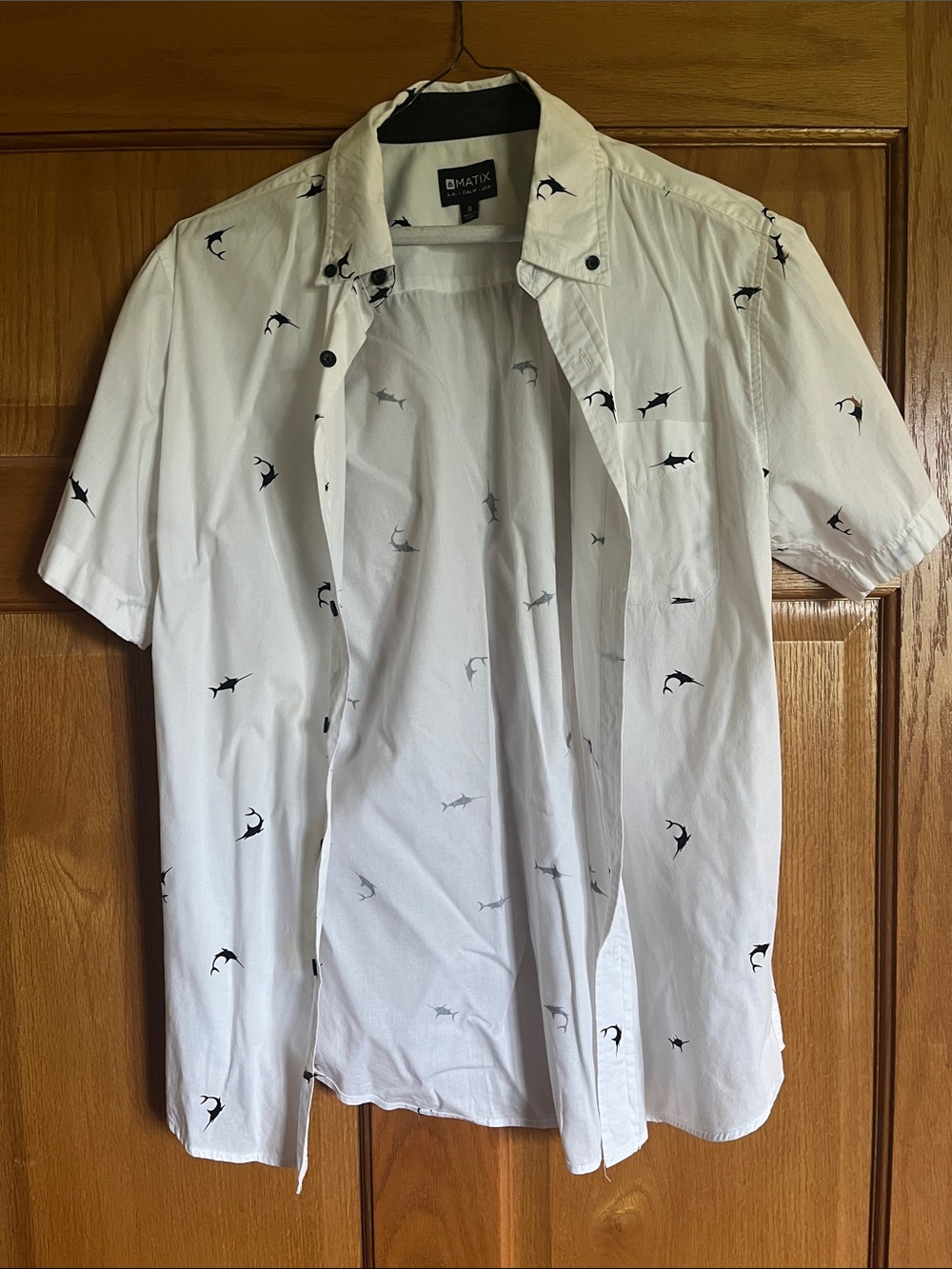 Matix White Short-Sleeve Button-Up Shirt with Black Shark Print